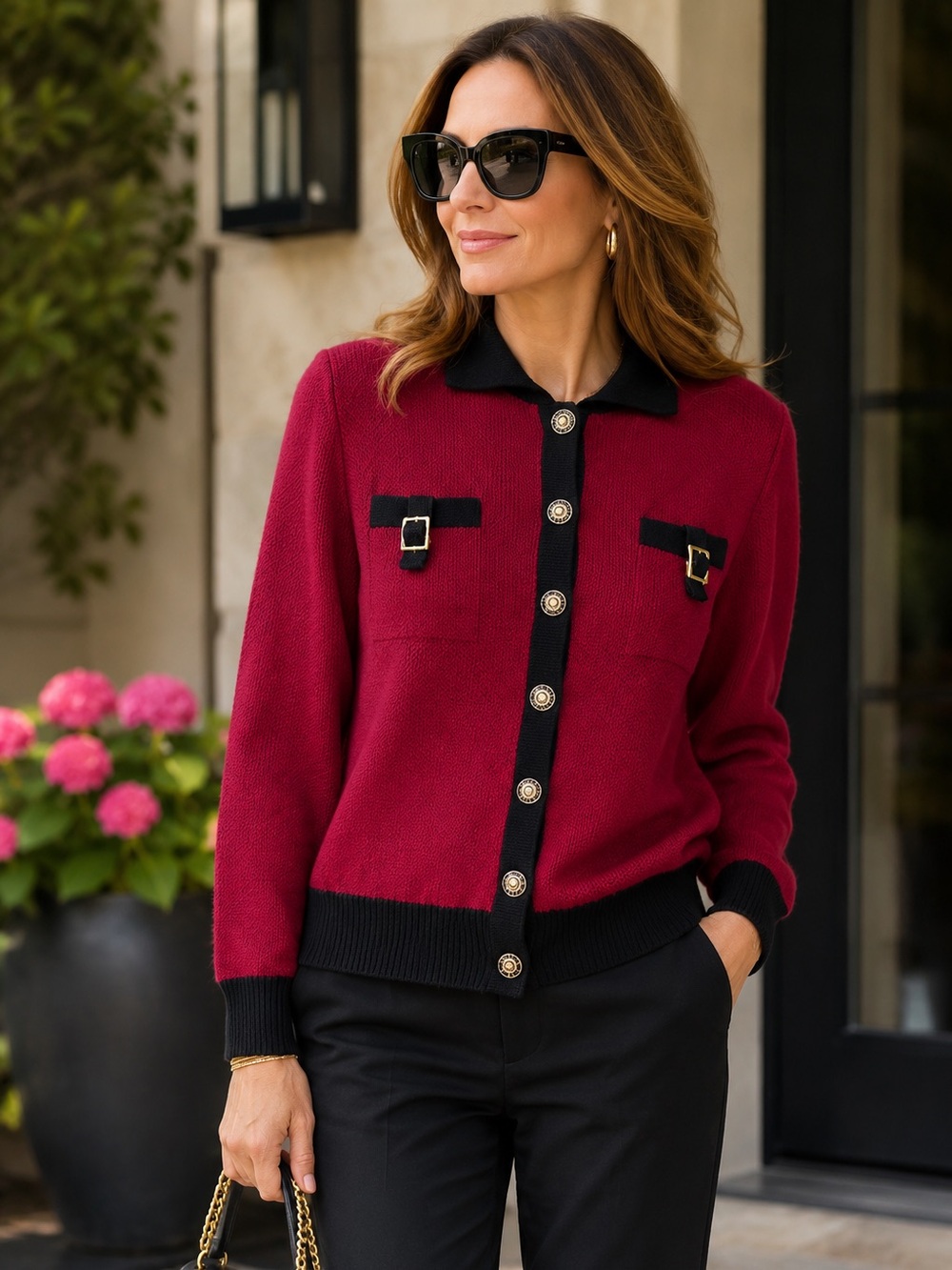 St John Collection Santana Knit Red Black Buckle Cardigan Jacket 4